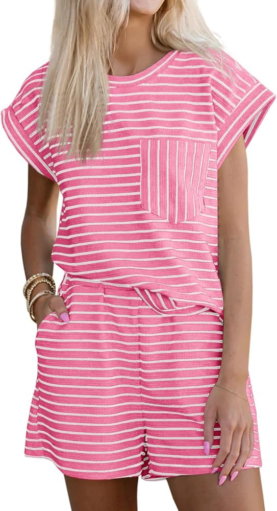 Tankaneo Womens 2 Piece Lounge Sets Striped Summer Outfits Cap Sleeve Tops and Elastic Waist Shor... | Amazon (US)