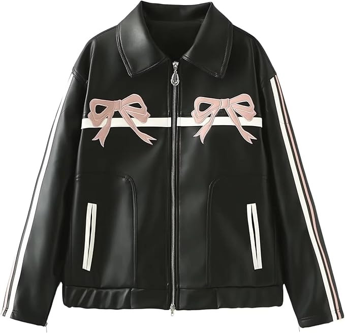 Bow Leather Jacket, Women's Vintage Black Biker Jacket, Zip Up Trendy Bomber Motorcycle Jacket wi... | Amazon (UK)