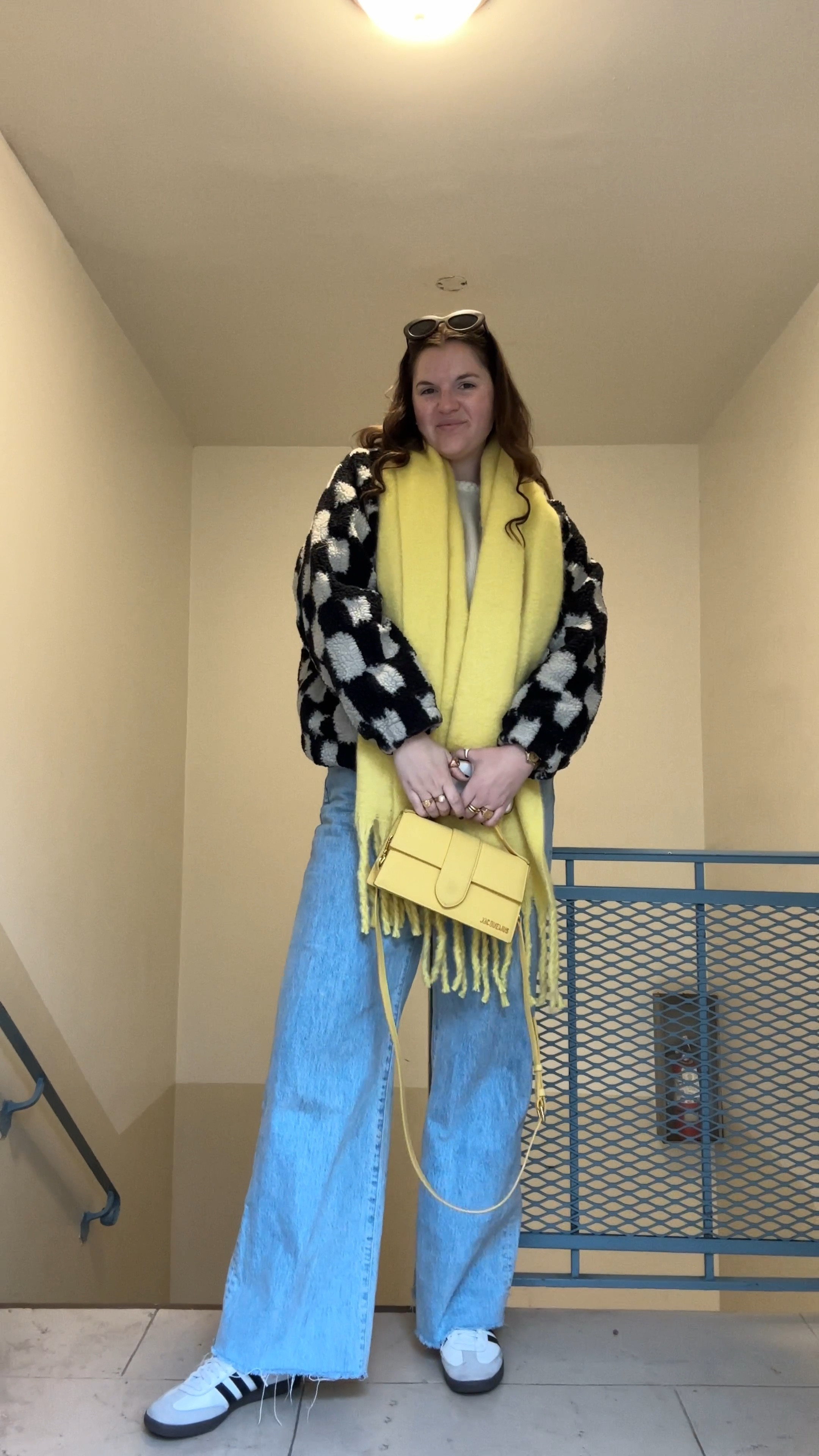 sezane annita ecru jumper, white sweater, neutrals, closet staples, Wool and kid mohair jumper with long, slightly puffed sleeves Beaded rib knit and braid along armhole and neckline Braided finish at armholes and neckline, fall / winter, gold jewelry from Amazon (hoop earrings, rings), shopbop SLVRLAKE Grace High Rise Wide Leg Jeans, denim, casual outfit, comfy clothes, budget friendly, affordable, adidas OG samba shoes, black and white sneakers, GUCABE (Premium) Large Chunky Scarf Colorful Cashmere Feel Oversized Scarves Blanket Soft Big Wool Thick Winter Warm Women, yellow scarf, Jacquemus Le Grand Bambino crossbody bag, yellow designer purse, black and white check fleece jacket free people

#LTKfindsunder100 #LTKfindsunder50 #LTKstyletip