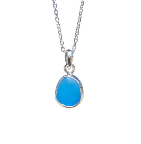 Sea Stamped Petite Sea Glass Pendant Necklace-Minimalist Sterling Silver Pendant Beach Glass Jewelry-Ocean Necklace for Mermaids-Mothers Day Gift (Cobalt Blue) | Amazon (US)