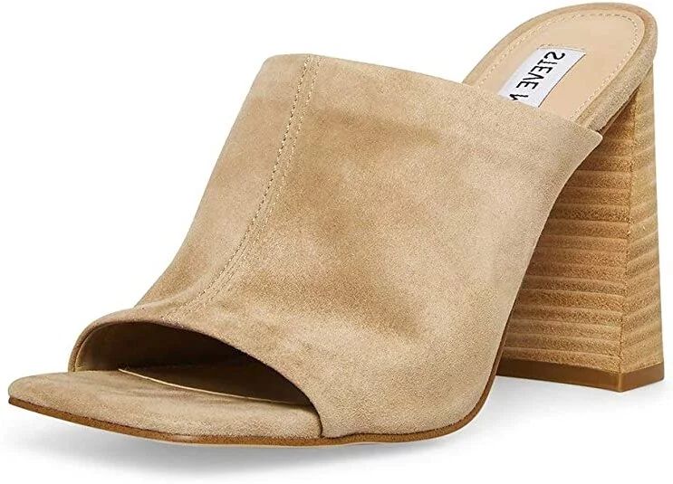 Steve Madden Lexia Tan Suede Slip On Squared Open Toe Chunky Heeled Sandal (Tan Suede, 9.5) | Walmart (US)
