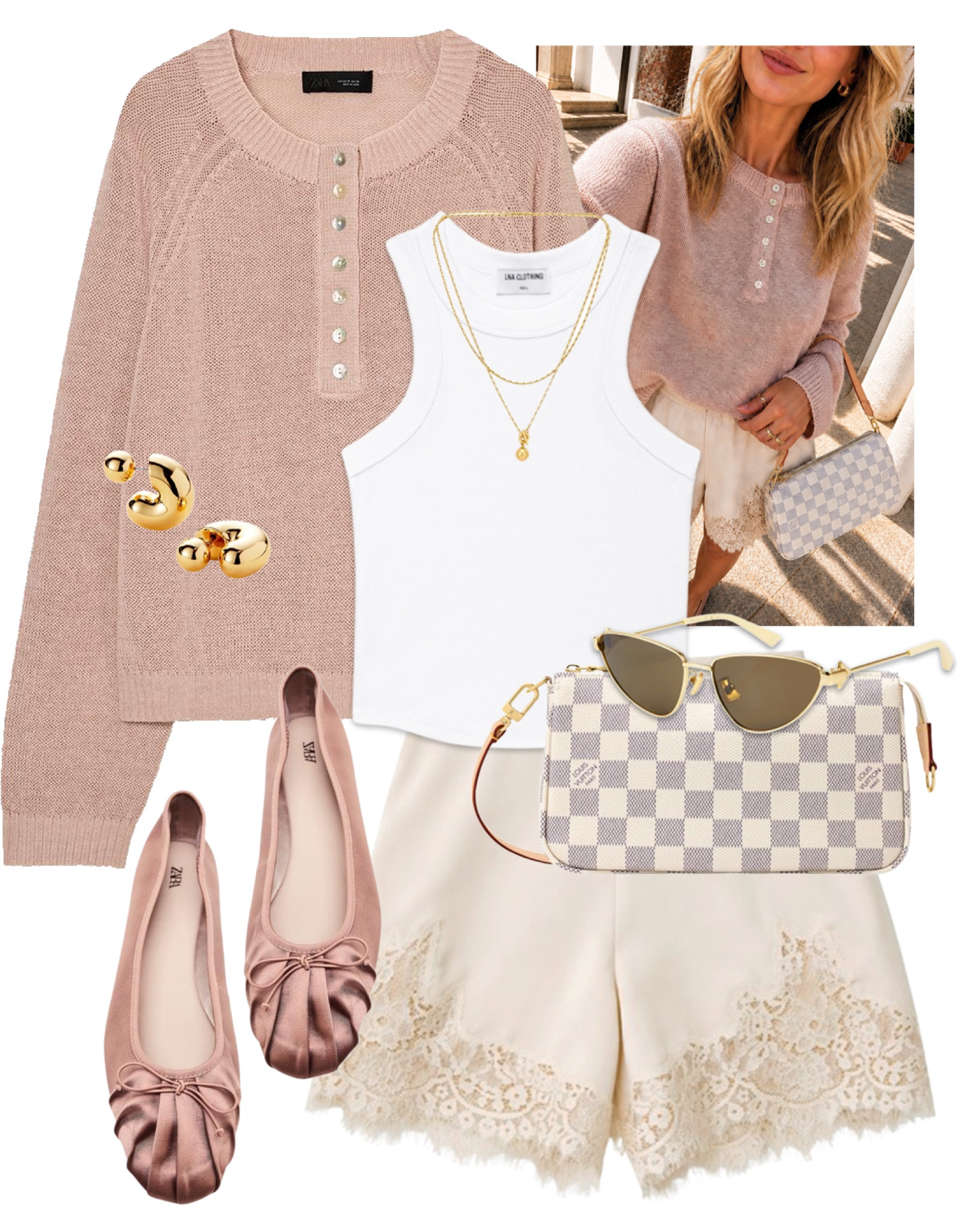 Pink jumper lace satin shorts pink satin ballet flats white tank top Louis Vuitton bag casual weekend vacation holiday outfit 

#LTKuk #LTKspring #LTKsummer