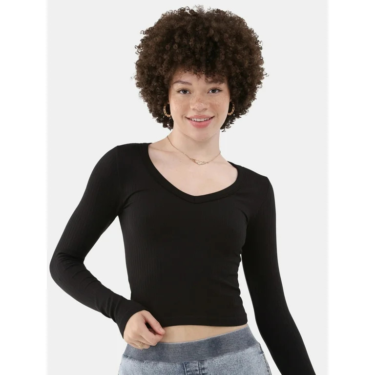 No Boundaries Seamless V-Neck Top with Long Sleeves, Women's | Walmart (US)