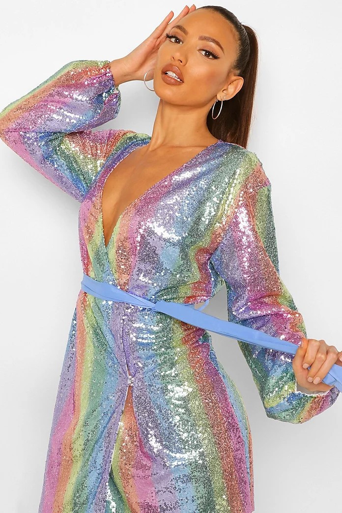 Tall Rainbow Striped Sequin Wrap Belted Mini Dress | Boohoo.com (US & CA)