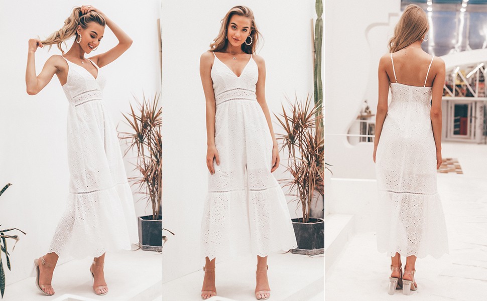 BerryGo Women's Embroidery Pearl Button Down Dress V Neck Spaghetti Strap Maxi Dress | Amazon (US)