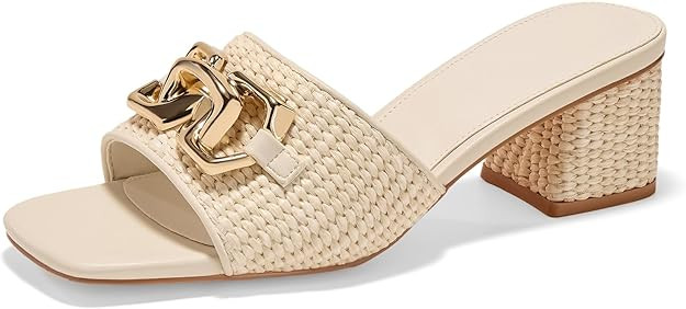 Women's Raffia Slide Sandals Square Open Toe Sandal Chunky Heeled Metal Chain Dressy Shoes | Amazon (US)