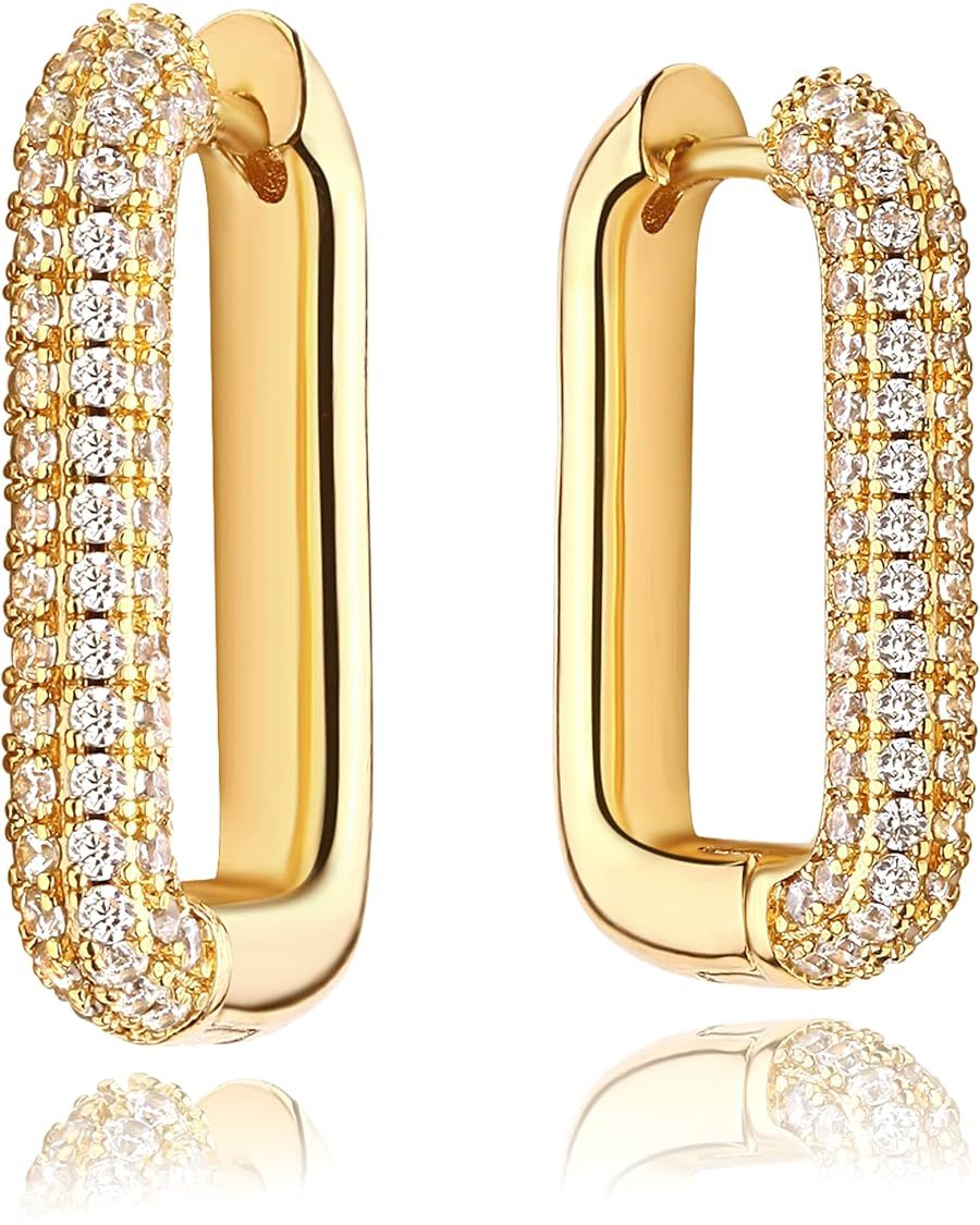 Mevecco Gold U Shape Huggie Hoop Earrings 18K Gold Plated Dainty Cubic Zirconia Oval Huggie Earri... | Amazon (US)