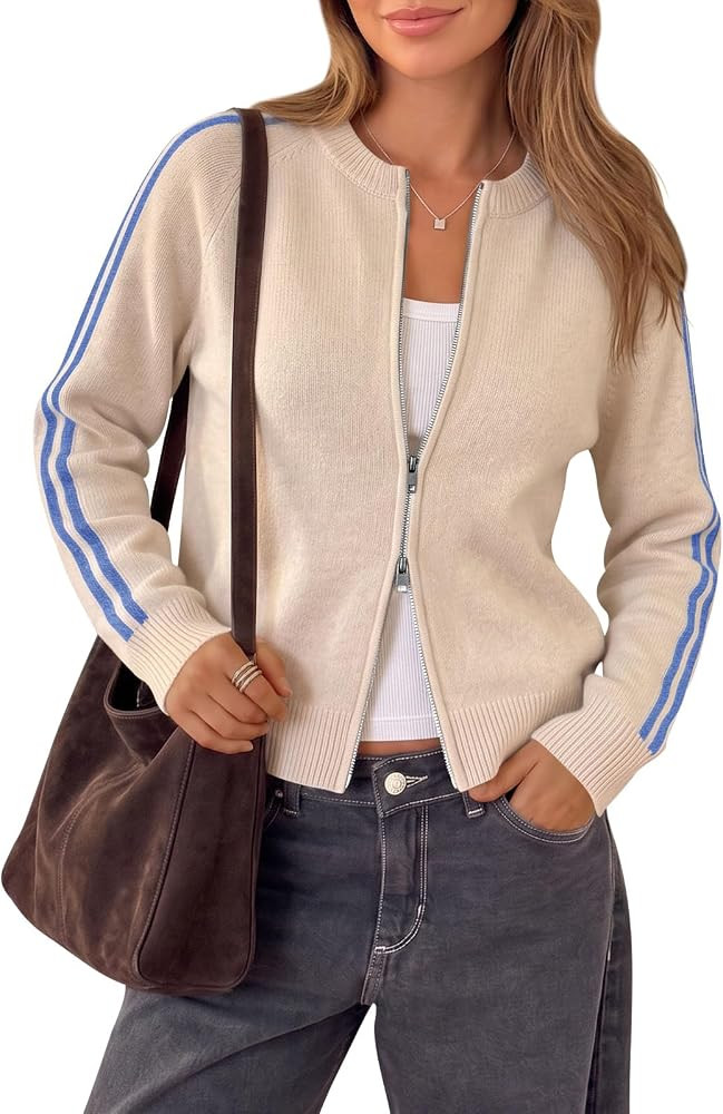 Saodimallsu Womens Zip Up Cardigan Long Sleeve Crew Neck Sweater Jacket | Amazon (US)