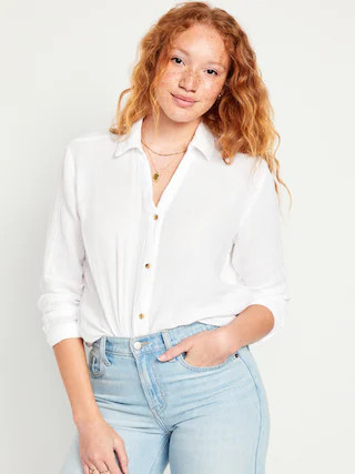 Crinkle Gauze Button-Down Boyfriend Shirt | Old Navy (CA)
