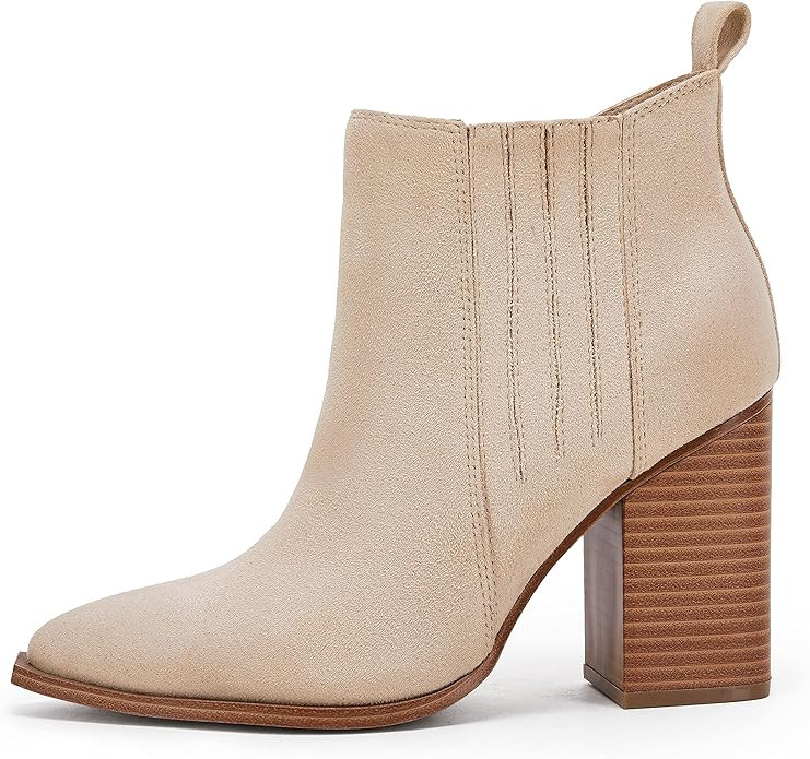 Womens Pointed Toe Slip on Ankle Booties Stacked Mid Block Heel Shoes Faux Leather Boots | Amazon (US)