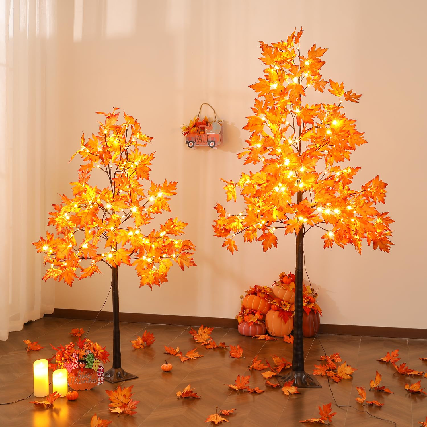 Lighted Maple Leaf Tree, 2 Pack Prelit Orange Artificial Fall Trees (5FT and 6FT) for Indoor Outd... | Amazon (US)
