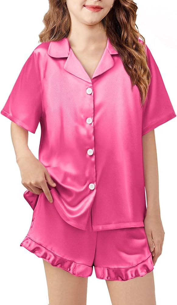 Arshiner Girls Pajamas Silk Satin Pajama Set 2 Piece Button Down Pjs Ruffle Sleepwear | Amazon (US)