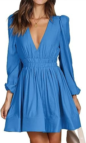 FAIABLE Mini Deep V Sexy Long Sleeve Dress for Women A-line High Waisted Casual Flowy Dress for C... | Amazon (US)
