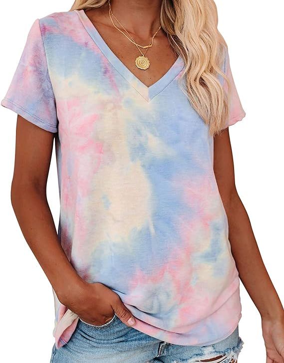 Corfrute Womens Tie Dye Tunic Summer Short Sleeve Tops Casual Blouses V Neck Basic Tee Shirts | Amazon (US)