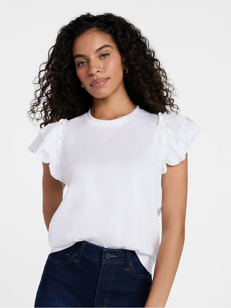 Time and Tru Women's Cotton Crewneck Tee with Ruffle Flutter Sleeves, Sizes XS-XXXL | Walmart (US)