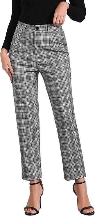 Allegra K Women's Plaid Cropped Trousers Button Casual Tartan Check Work Pants | Amazon (US)
