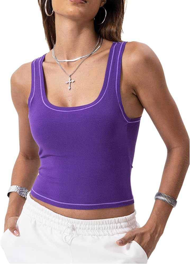 Danysu Women Rib Tank Top Padded Workout Top Square Neck Crop Tank Fitted Basic Cami Tops | Amazon (US)