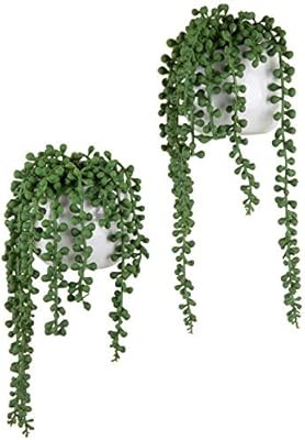 MyGift Artificial String of Pearls Plants in White Ceramic Wall-Hanging Planters, Set of 2 | Amazon (US)