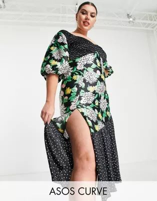 ASOS DESIGN Curve mixed print shirred midi tea dress with bubble sleeve | ASOS (Global)