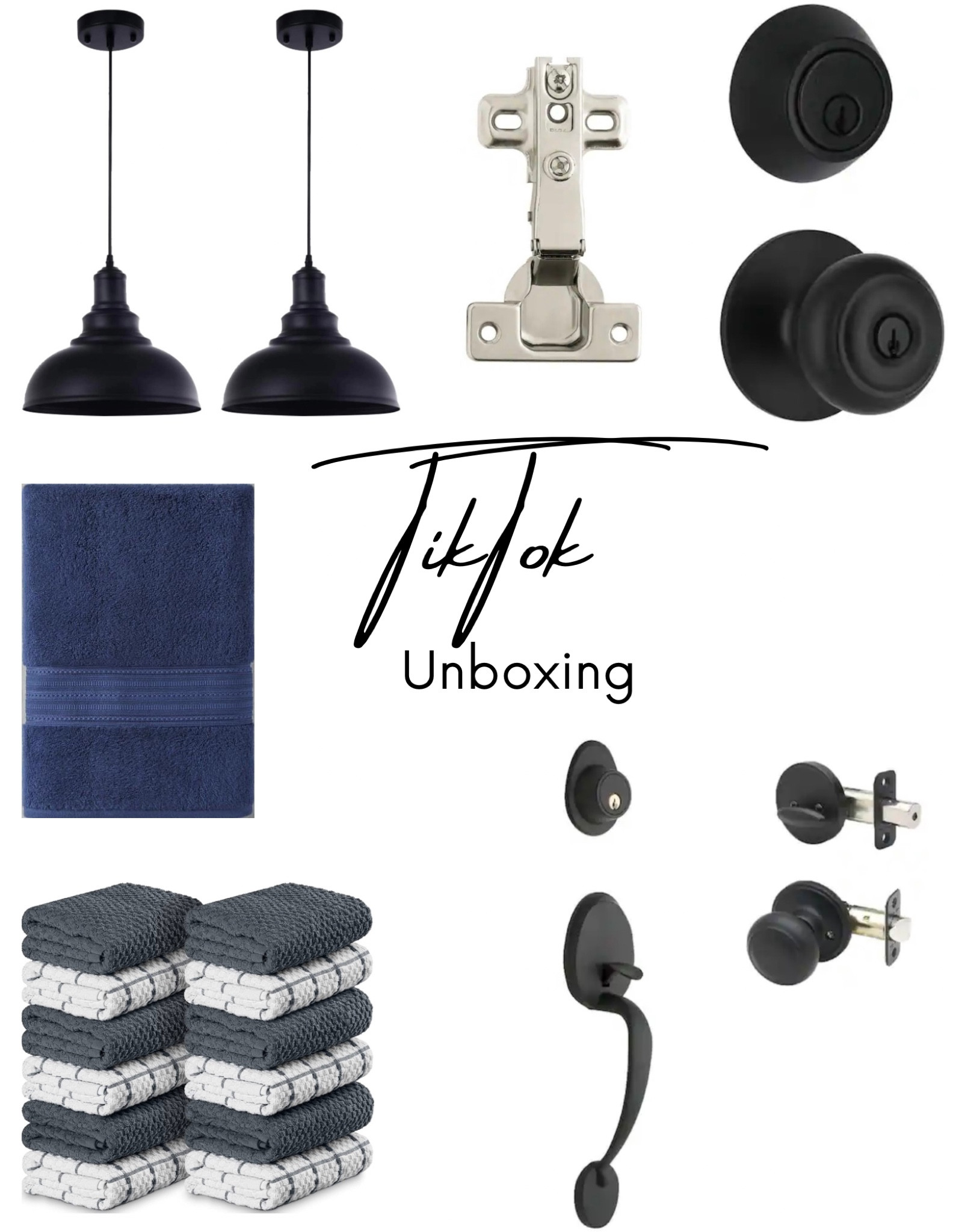 TikTok Unboxing Items! This order, I got a couple matte black exterior door handles, farmhouse pendant lights for the kitchen and laundry room, invisible cabinet door hinges, kitchen towels, and some super soft and big bathroom towels!

#LTKhome #LTKFind #LTKstyletip
