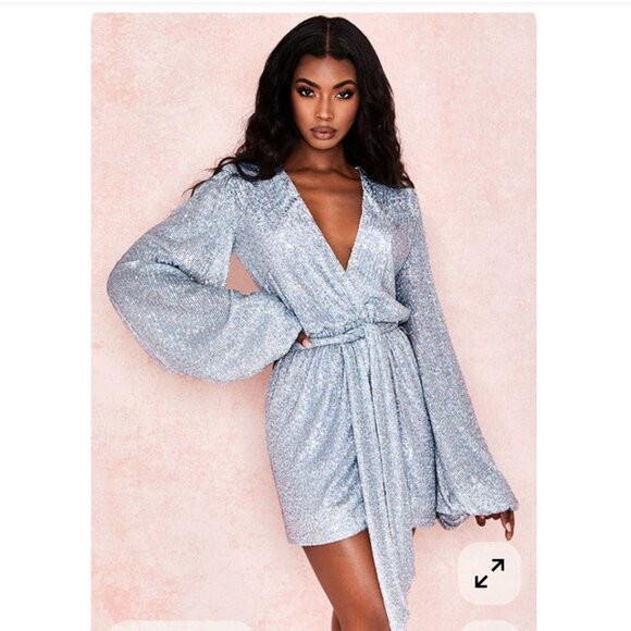 House of CB London Sequin Wrap Mini Dress – Silver, Size Small | Poshmark