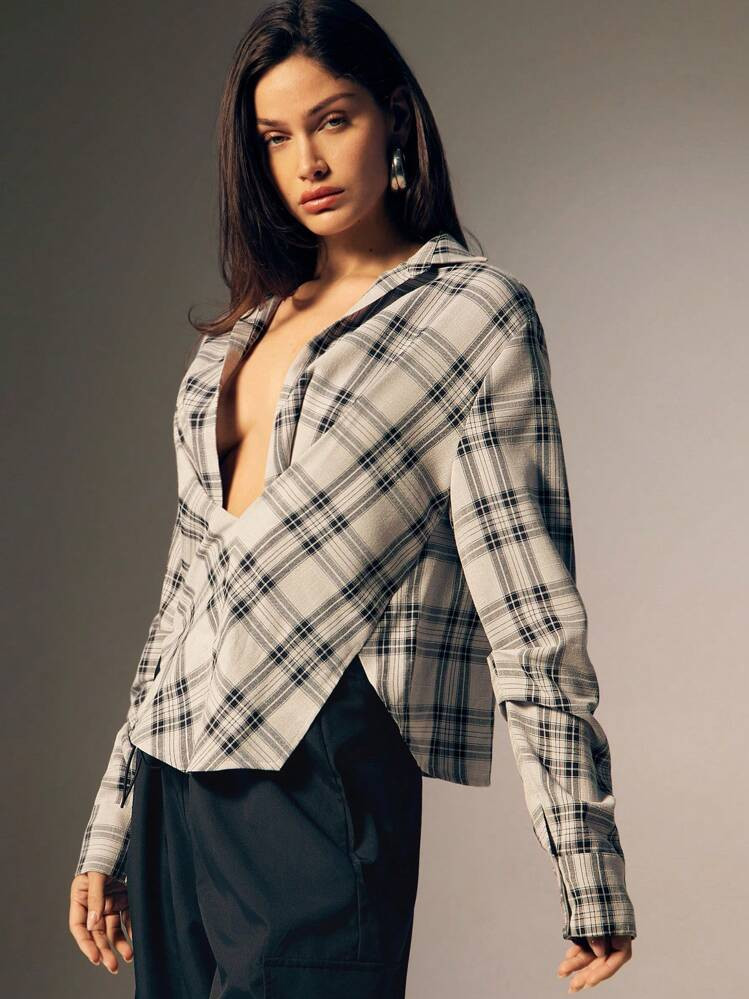Denimoi Sexy Twisted Front Low Neck Plaid Blouse | SHEIN