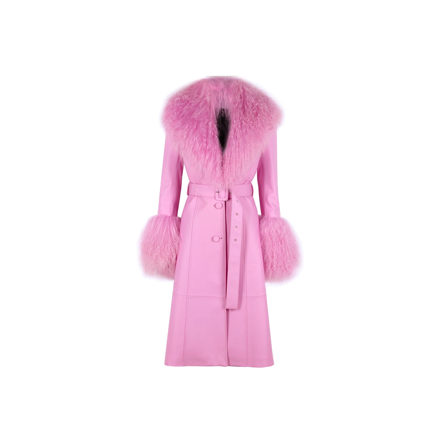 The Iconic Pink Long Sheepskin Coat Trench With Fur Poufs | Wolf & Badger