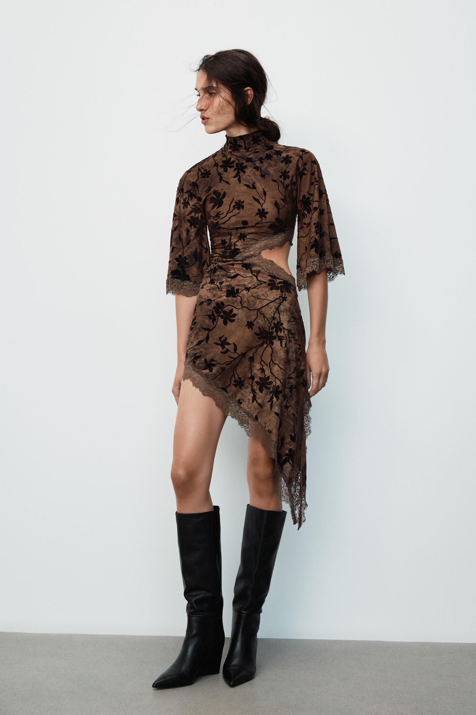 Zara - Flocked Mini Dress With Slit - Dark Brown - S - Woman | Zara US