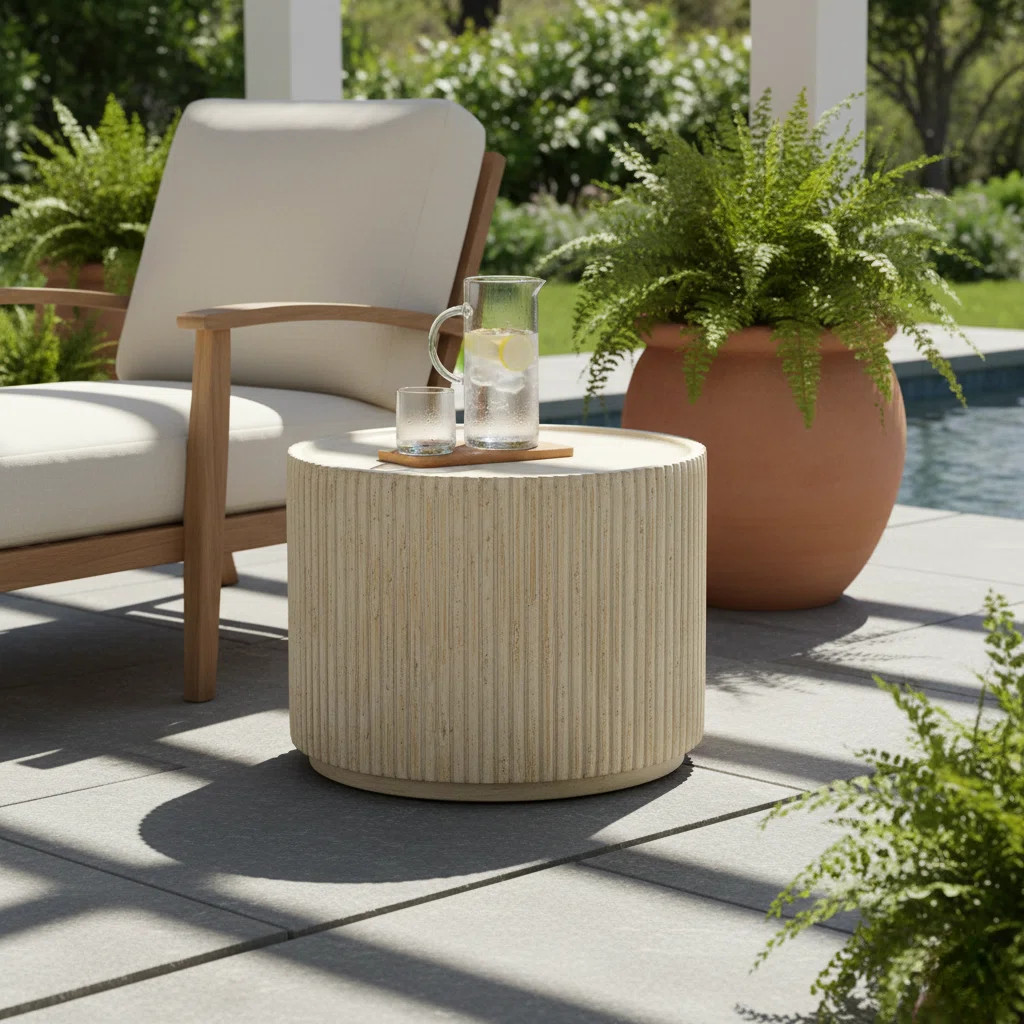 Calvera 23.5" Round Fluted Magnesium Oxide Coffee Table For Indoor And Outdoor Use | Wayfair North America