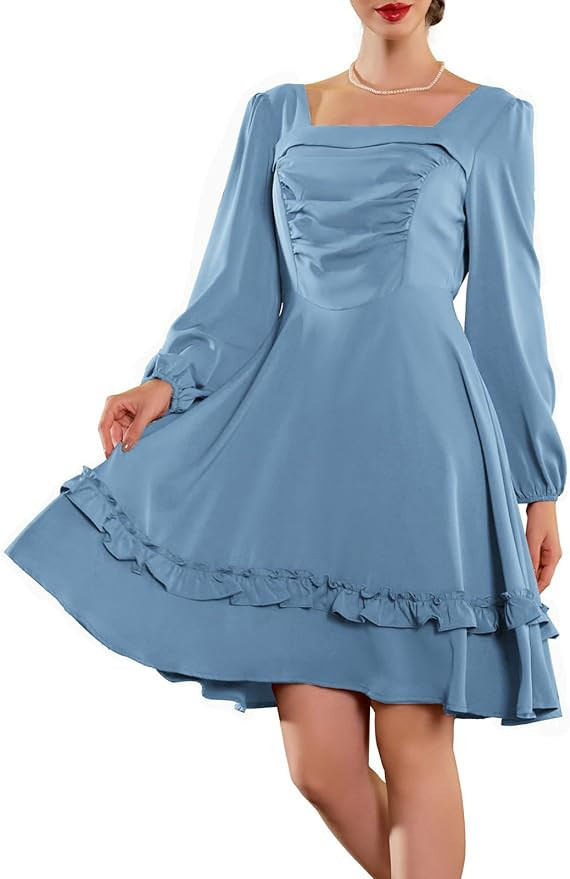 Belle Poque Women's 2023 Fall Vintage Dress Lantern Long Sleeve Square Neck Ruffle A-Line Swing D... | Amazon (US)