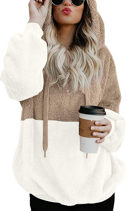 LONGYUAN Winter Women's Long Sleeve Fuzzy Hoodies Soft Comfy Warm Fluffy Sweaters Zipped Up with ... | Amazon (US)