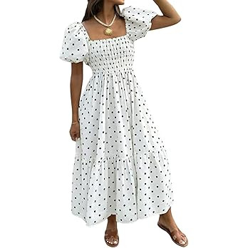 Floerns Women's Gingham Plaid Short Puff Sleeve Dress Square Neck Ruffle Summer Maxi Dresses | Amazon (US)