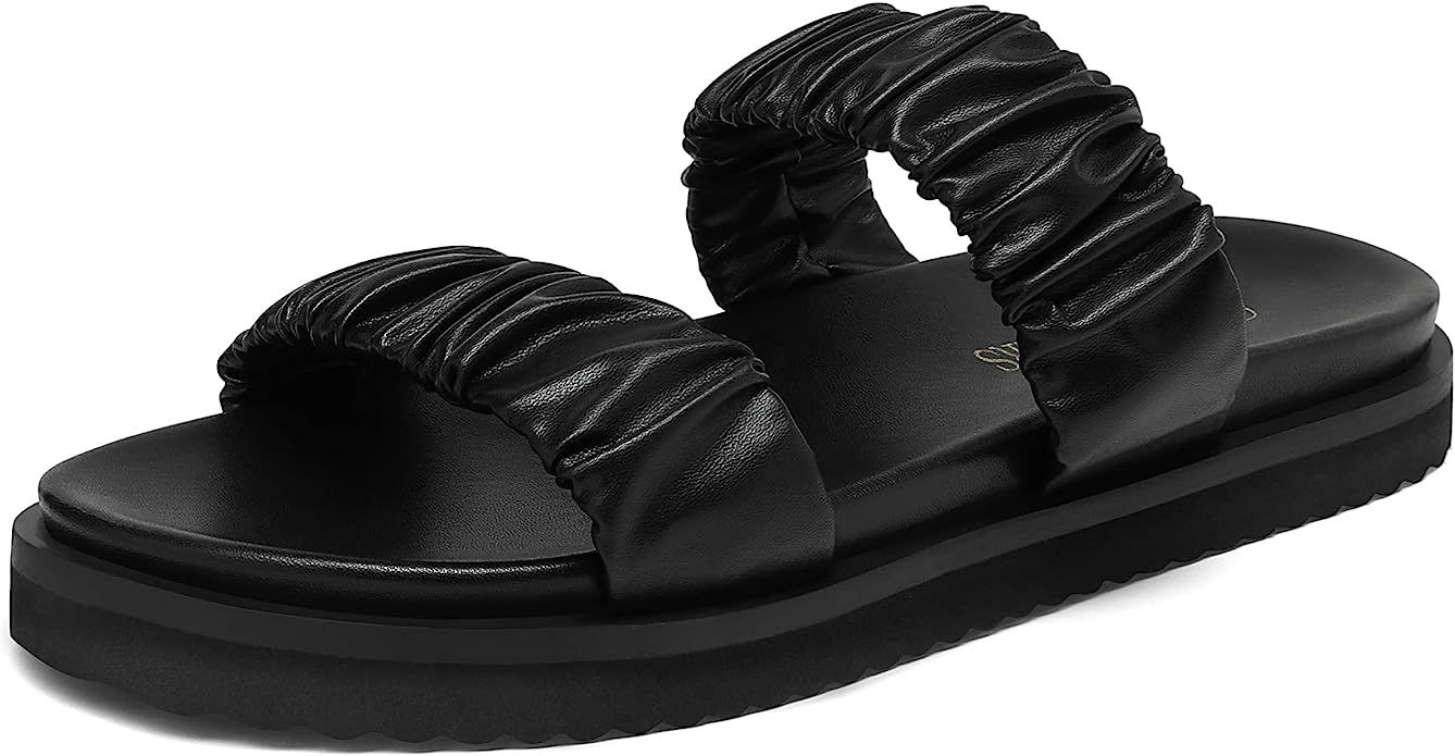 DREAM PAIRS Women's Slide Sandals Slip on Open Toe Cute Two Straps Flat Sandals for Summer | Amazon (US)