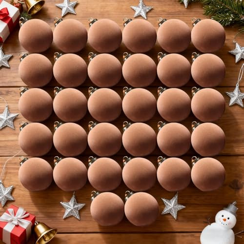 32 Pcs Velvet Christmas Tree Ornaments Balls with Velvet Ribbon Christmas Tree Hanging Decorations Neutral Flocked Balls Bulk for Xmas Home Indoor (Brown) | Amazon (US)