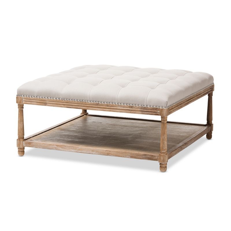 Carlotta French Country Weathered Oak Linen Square Coffee Table Ottoman Beige - Baxton Studio | Target