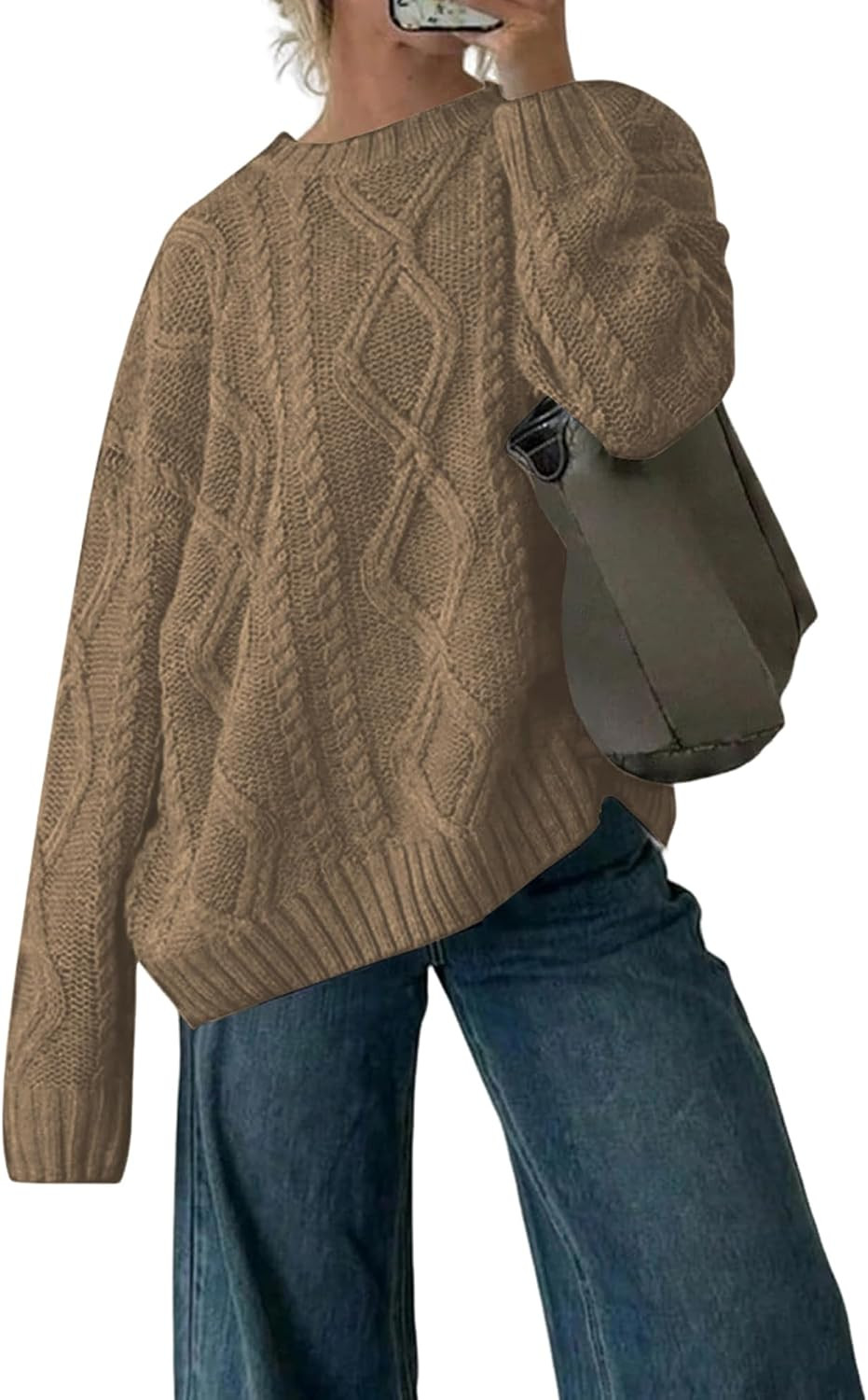 ZAFUL Cable Knit Sweaters for Women Crewneck Casual Knit Pullover Sweater Long Sleeves Jumper Tops | Amazon (US)