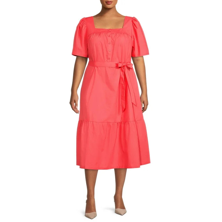 The Get Women's Plus Size Short Sleeve Midi Dress with Puff Shoulders | Walmart (US)