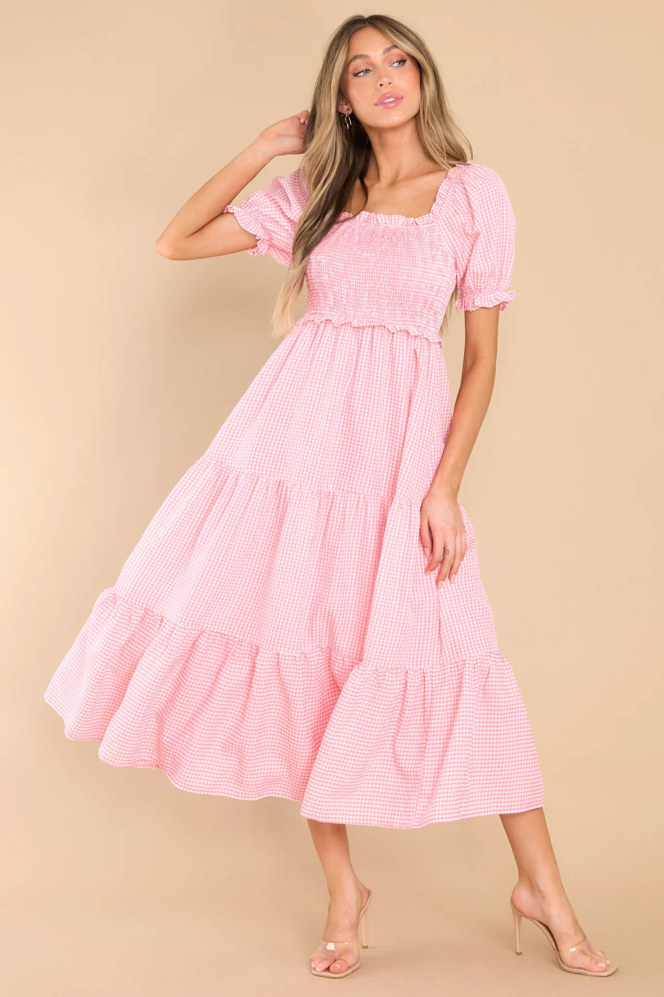 Acts Of Kindness Coral Pink Gingham Midi Dress | Red Dress 