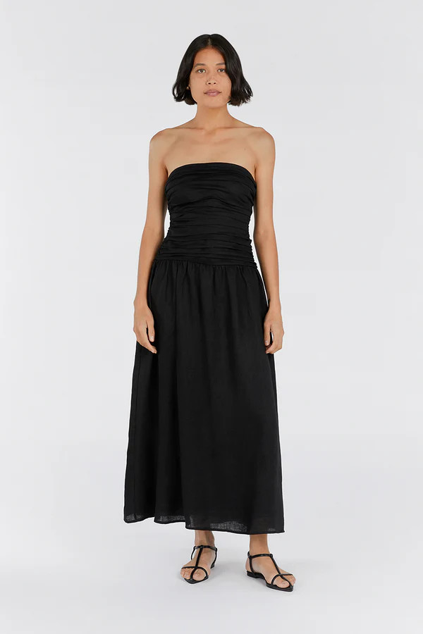 CATANIA BLACK LINEN STRAPLESS DRESS | DISSH