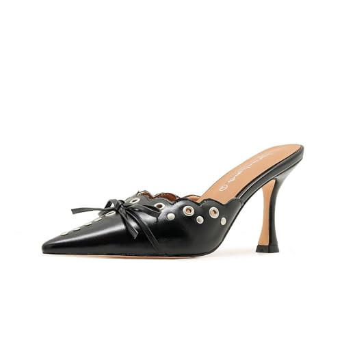 ATBELL Kitten Heel Mules for Women Bow Tie Suede Stiletto Heels Mule Pointed Toe Studs Slide Heeled Sandal Pumps for Wedding Dress Party BlackPU Size 9.5 | Amazon (US)