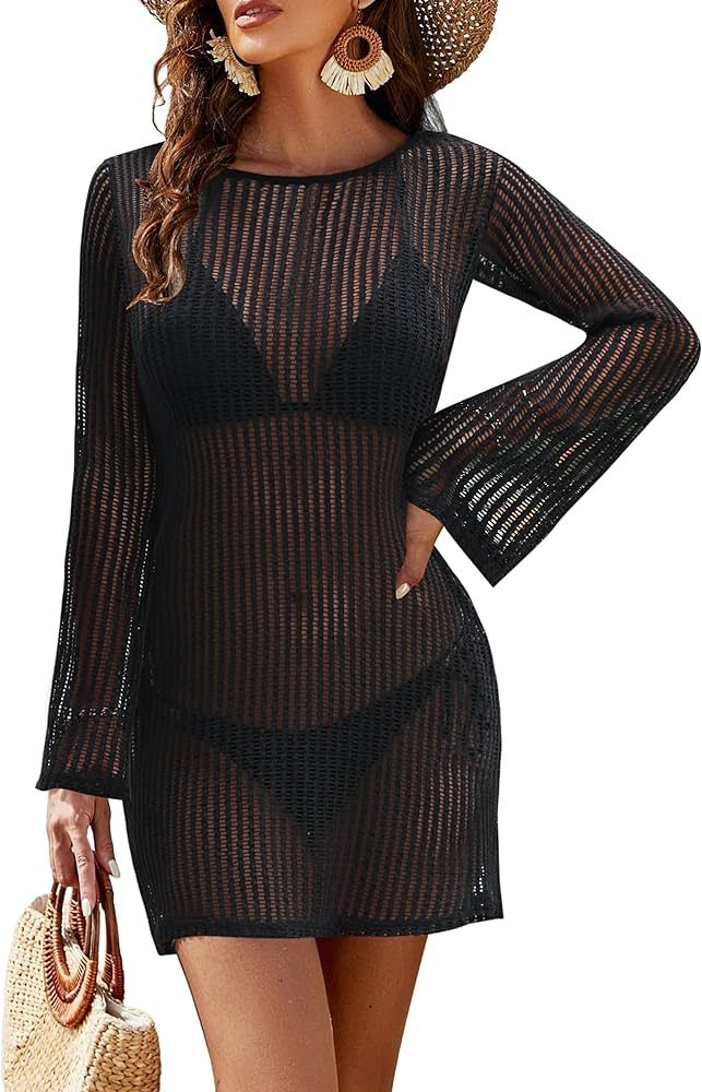 Blooming Jelly Women's Swimsuit Coverup Crochet Bikini Cover Ups Hollow Out Net Longsleeve Swimwe... | Amazon (US)