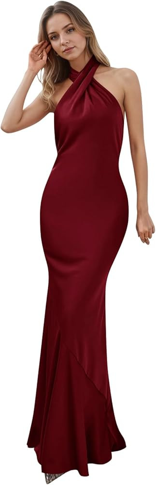Halter Bridesmaid Dresses Satin for Women Backless Formal Wedding Guest Dress Fall Mermaid Maxi D... | Amazon (US)