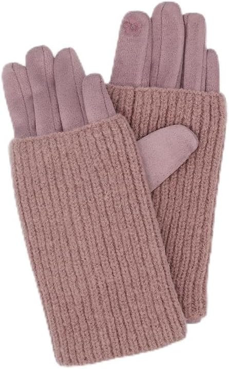 2-in-1 Faux Suede Gloves with Ribbed Knit Wrist Warmers, Pink | Amazon (US)