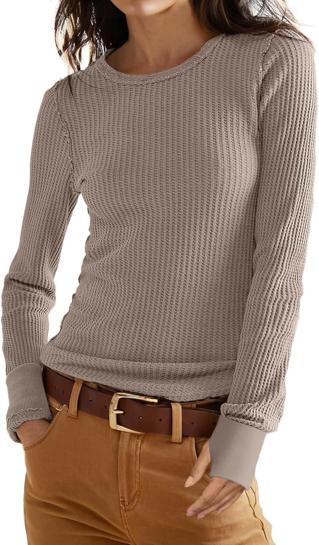 GRECERELLE Waffle Knit Long Sleeve Shirts for Women Crew Neck Slim Fitted Going Out Tops Y2k Outf... | Amazon (US)