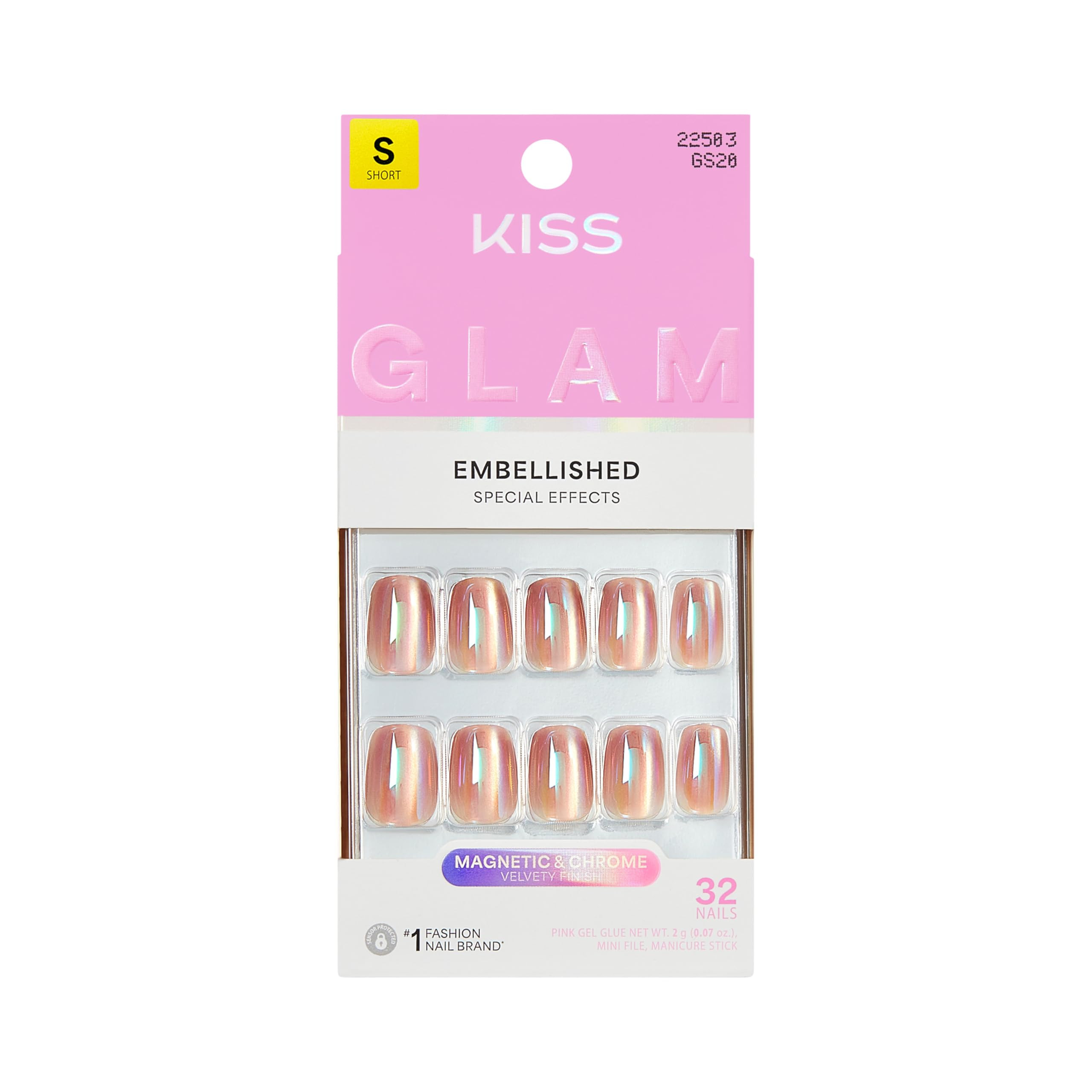 KISS GLAM, Press On Nails, Nail glue included, 'Golden Hour Affairs', Pink, Short Size, Squoval S... | Amazon (US)