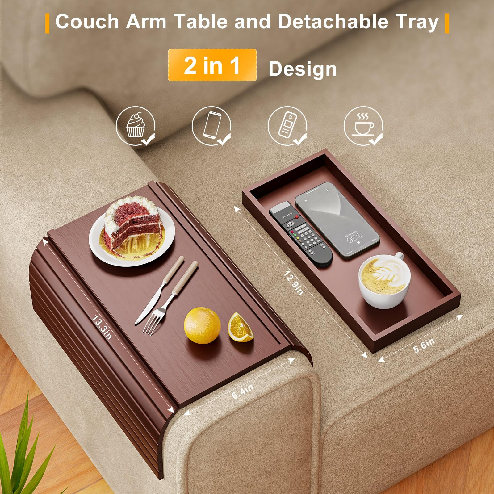 Sofa Armrest Tray Table for Couch - 2-in-1 Foldable Couch Arm Table with Be Slide Detachable Tray... | Amazon (US)