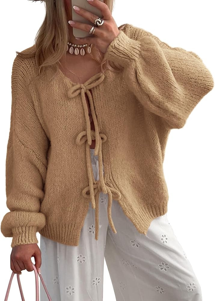 ATHMILE Women's Tie Front Bow Cardigan Sweaters Chunky Knit Long Puff Sleeve Trendy Fall Winter J... | Amazon (US)