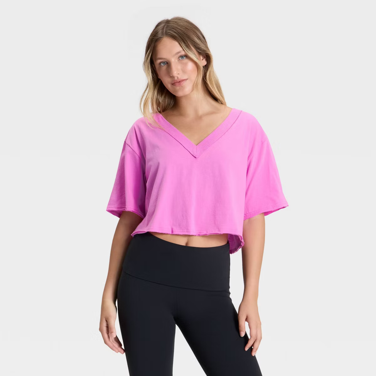 Women's V-Neck Boxy Cropped Short Sleeve Top - JoyLab™ White S | Target