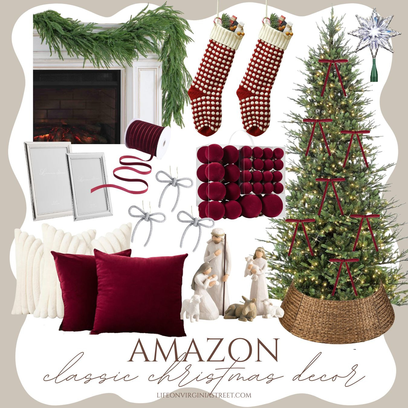 Gorgeous new Amazon Christmas decor finds in shades of burgundy and cream! We own and love this Christmas tree (it's on sale, as is the woven tree collar) and it looks so cute paired with these polka dot stockings, silver picture frames, star tree topper, bow ornaments, velvet ornaments and more! #ltkseasonal #ltksalealert #ltkhome #ltkfindsunder50 #ltkfindsunder100 #ltkstyletip #ltkholiday #ltkover40 #founditonamazon 

 

#LTKSeasonal #LTKHome #LTKSaleAlert