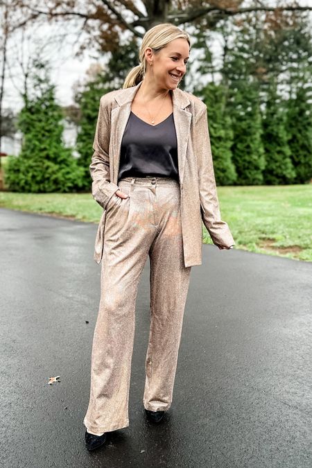 Holiday suit alert! How fun is this glitter blazer and trouser set!! I’m in a medium bottom and small jacket. Both tts  

#LTKCyberWeek #LTKHoliday #LTKstyletip